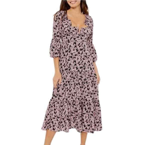 Likely black pink Bella Floral Print Midi Dress Prarie croquet Cottagecore Bridg - Picture 3 of 16